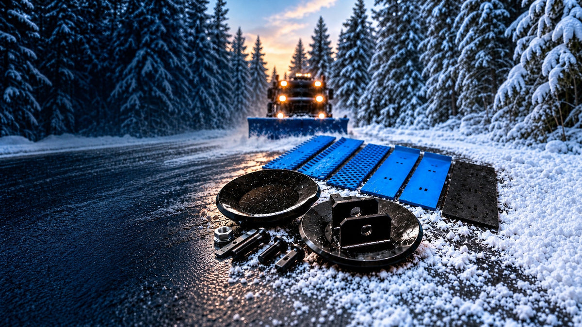Lumiaura-auto talvisella metsätiellä ja aurausteriä lumessa